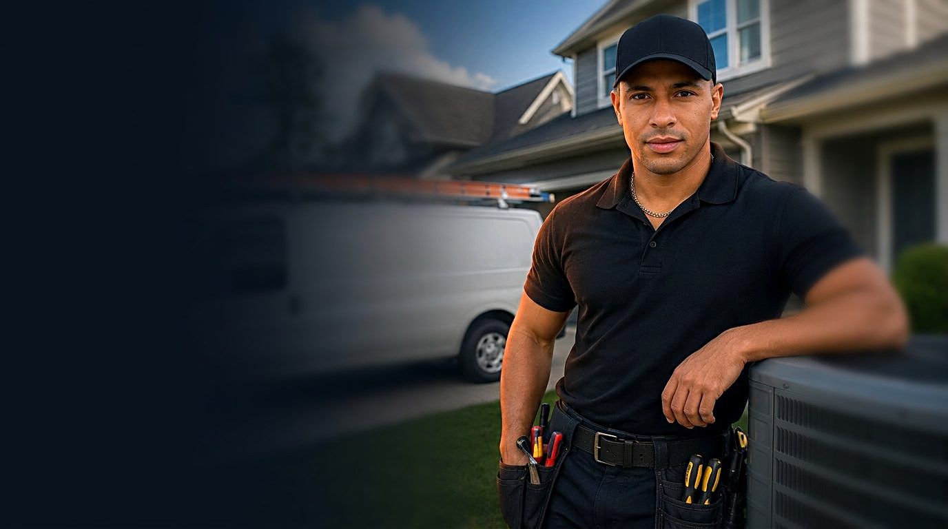 HVAC and property maintenance service scene with an outdoor AC condenser and a work van.